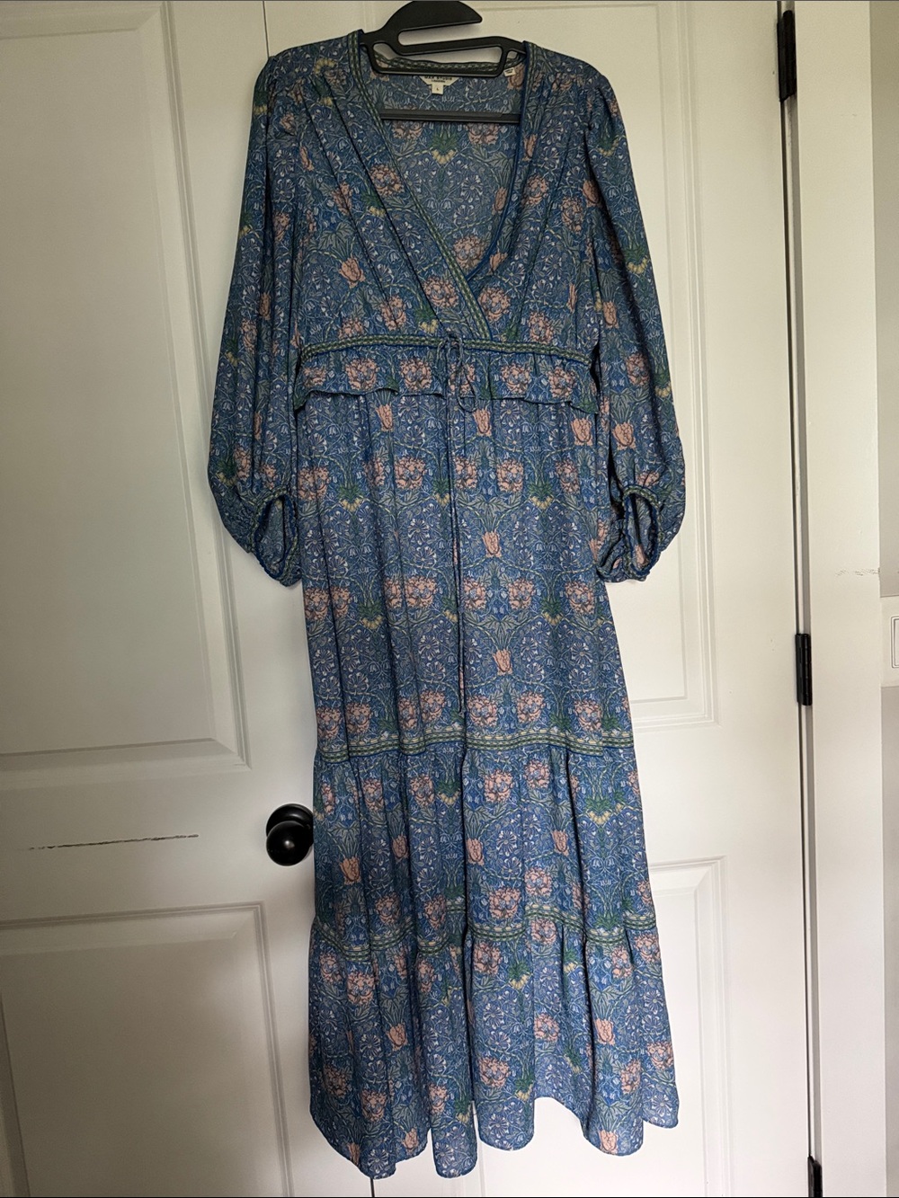 Blue Floral Cottagecore Prairie Midi Dress Faux Wrap Boho Business Casual